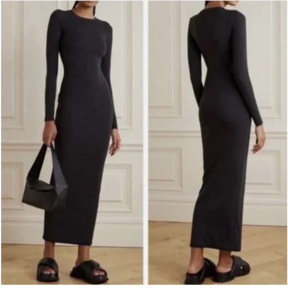 SKIMS FITS EVERY BODY BLACK MAXI DRESS LONG SLEEVE NWT - Picture 1 of 4